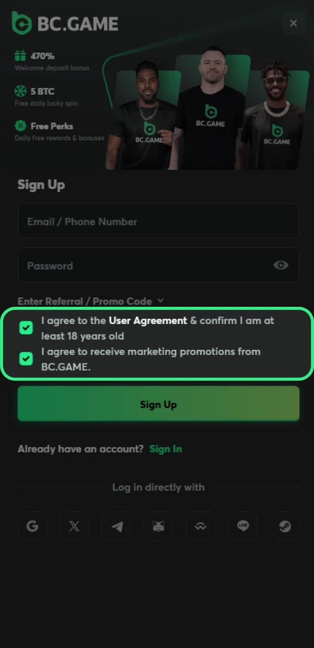 You must agree to the BC Game rules.