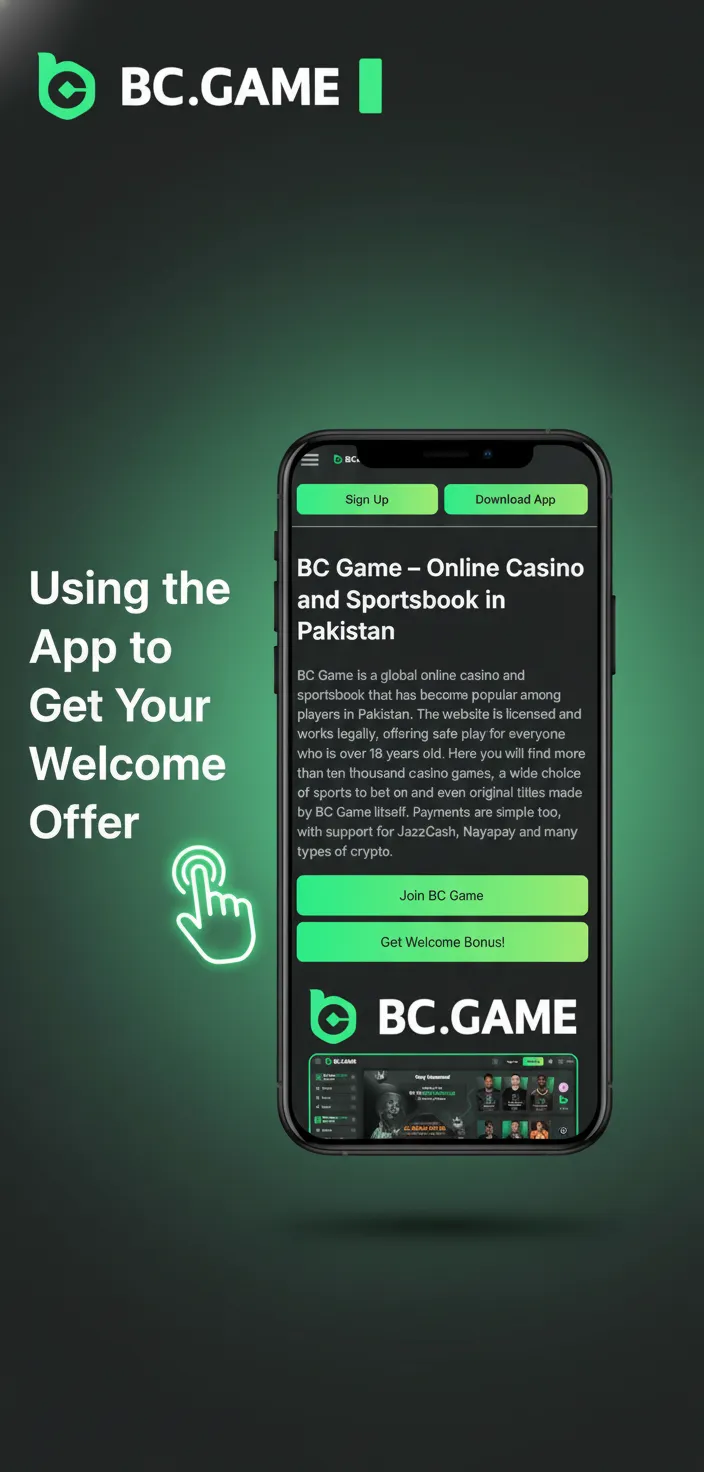 Smartphone screens showing BC Game app steps to claim welcome bonus: install, sign in, Promotions, deposit PKR, tap Claim.